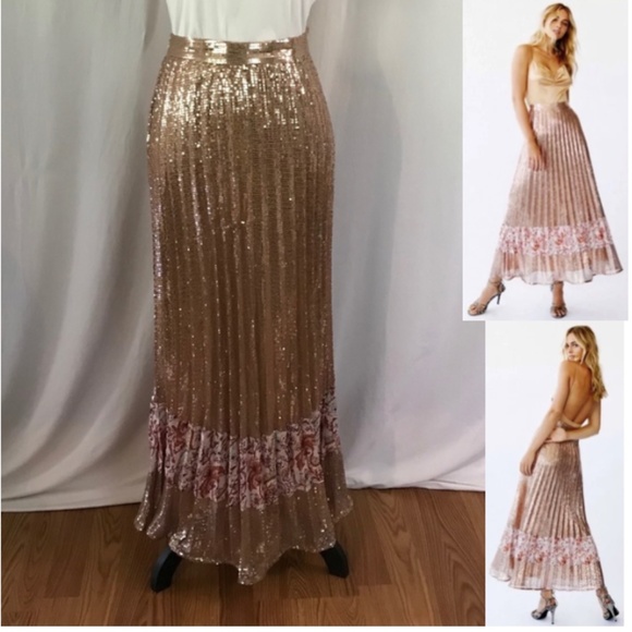 Free People Dresses & Skirts - Free People Let's Dance Floral Trim Pink Sequin Pleated Maxi Skirt, Size 4